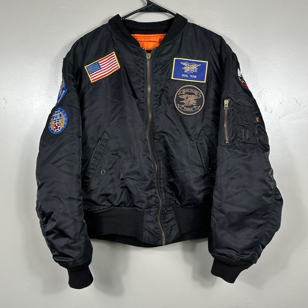 Vintage 80s Alpha Industries MA-1 Bomber Jacket Reversible Black Orange - XL